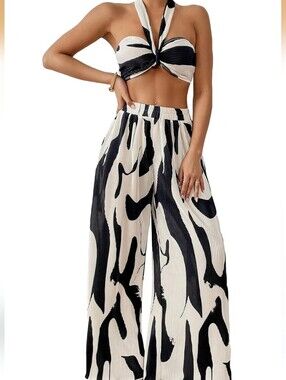Casual High-Waist Wide-Leg Pants Set- Black & White